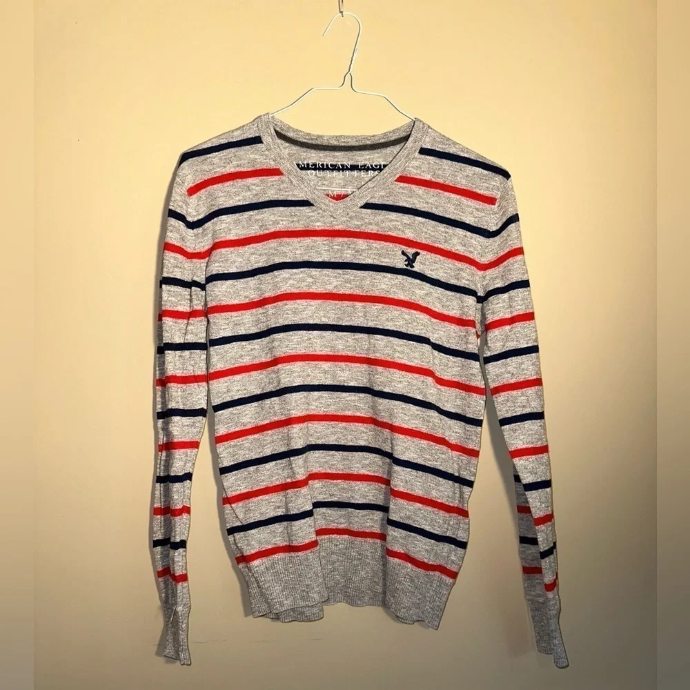 American Eagle Cotton V-Neck Sweater - Grey with Red & Blue Stripes - Size M
